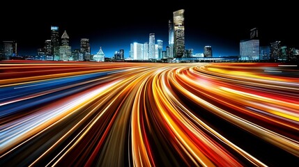 Fototapeta premium Vibrant city skyline with light trails from moving vehicles at night