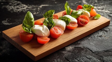 A wooden platter featuring fresh mozzarella, tomatoes, and basil leaves.