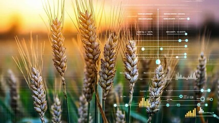 Digital representation of wheat field with data visualization, agricultural growth metrics, and sunlight in the background showcasing modern farming techniques - Powered by Adobe
