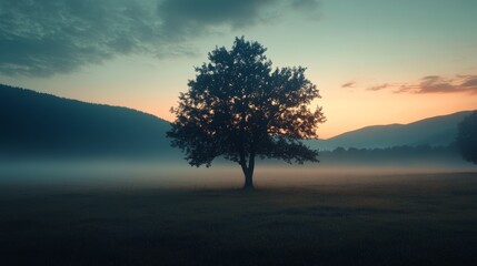 Fototapeta premium Solitary Tree in Misty Sunrise Landscape