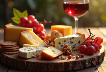 elegant cheese platter assorted cheeses wine pairing fresh grapes rustic accompaniments, brie, cheddar, parmesan, blue, figs, nuts, crackers, fruit, bread
