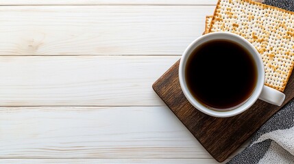 Freshly brewed coffee served with crispy crackers on a wooden board