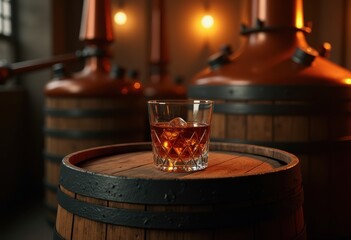 aged whiskey glass rustic wooden barrel dark rich liquor atmosphere distillation classic elegance vintage beverage, whisky, drink, craft, artisan, alcohol