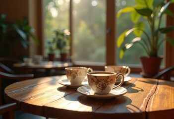 elegant coffee cups wood table setup cozy warm atmosphere inviting design sophisticated rustic elements home vibe, mug, tea, ceramic, beverage, interior