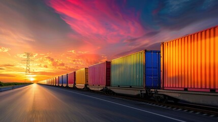 Fototapeta premium Colorful Cargo Containers Transported via Rail at Sunset Scenery, vibrant hues