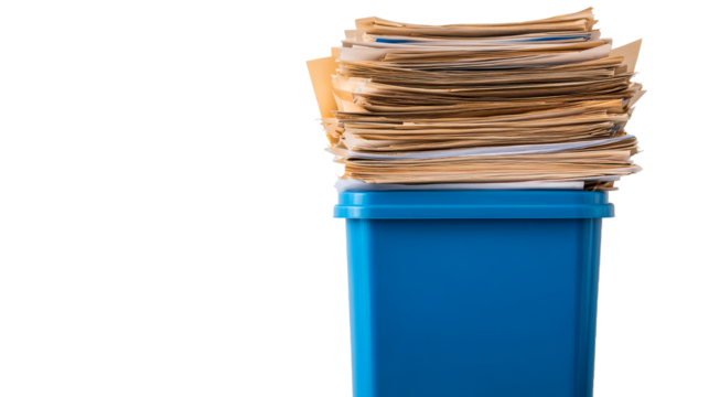 Overfull wastepaper basket with papers, isolated, cut out transparent