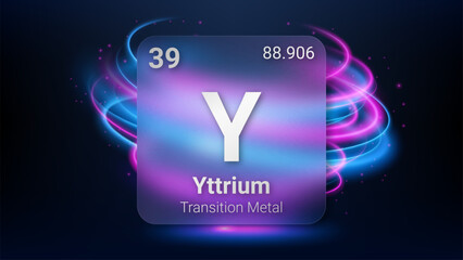Yttrium (Y) (039) Transition Metal, Glass Morphism Element Futuristic Neon Light Glow Background Periodic Table, Chemical Symbol, Name, Atomic Mass, Atomic Number, Vector Illustration