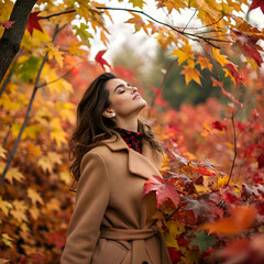 beautiful girl autumn coat fall leaves background