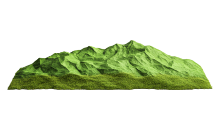 Vivid low-poly green mountains with grass landscape, cut out transparent