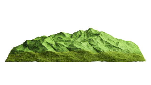 Vivid low-poly green mountains with grass landscape, cut out transparent