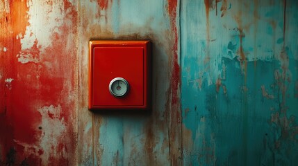 A vibrant red electrical switch on a weathered blue and red wall, highlighting urban decay and color contrast