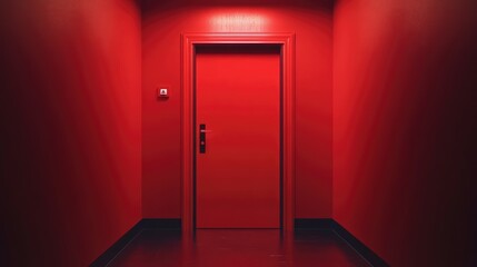 A vibrant red hallway featuring a striking door, evoking a sense of mystery and anticipation