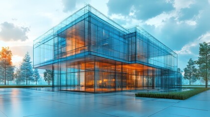 Obraz premium Modern Glass House Architectural Design at Sunset