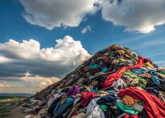 Massive Pile of Discarded Clothing Against a Dramatic Sky