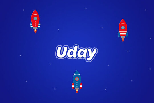 Uday male boy name illustration in blue with rockets.