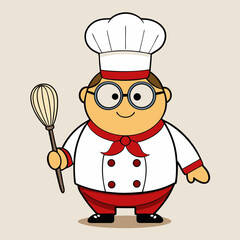 Cartoon Chef in White Uniform with Whisk and Red Neckerchief - Cute Vector Illustration with Smiling Expression.