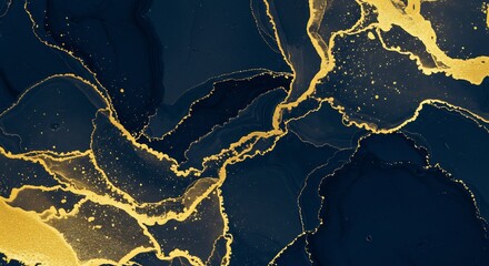 Elegant Gold Veins Flowing Dark Blue Abstract Art. AI Generated