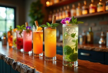 vibrant cocktails garnished fresh herbs colorful drink presentation bartender artistry garnish decoration craftsmanship, beverage, parsley, rosemary, mint