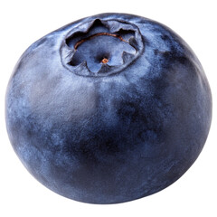 Close-up of a single blueberry with a smooth, dark blue exterior, showcasing its natural texture and shape against a black background.