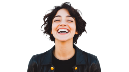 Young woman joyfully laughing with closed eyes, black jacket, cut out transparent