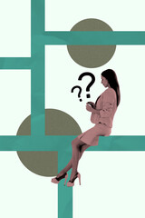 Zine art poster trend collage image of minded girl sit maze trap riddle question mark decision...