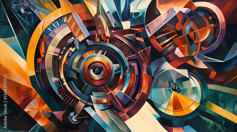Poster captivating painting of a spiral design showcasing layered angular and circular shapes in a vibrant 