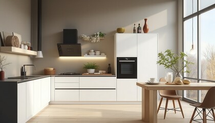 Fototapeta premium A sleek minimalist kitchen with white cabinets, a wooden dining table, large windows, and greenery. Clean lines and natural light create an open, inviting, and modern atmosphere