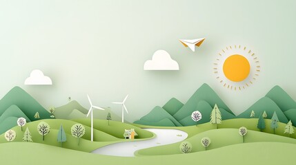An idyllic paper cut depicting a sustainable city nestled in a serene natural landscape featuring lush forests clean rivers wind turbines and solar panels with a paper airplane gliding above