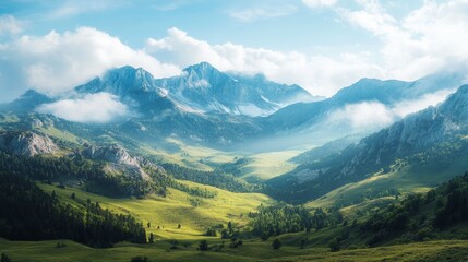 Fototapeta premium Majestic Mountain Range, Serene Valley Landscape