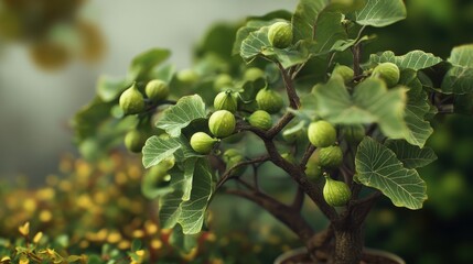 Fototapeta premium A close-up of a fig tree with unripe figs and lush green leaves.