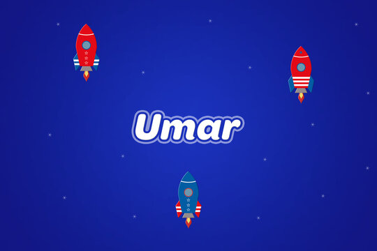 Umar male boy name illustration in blue with rockets.