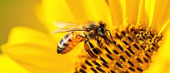 Honeybee collecting pollen from a vibrant yellow sunflower Close-up view showcasing intricate details of both the insec