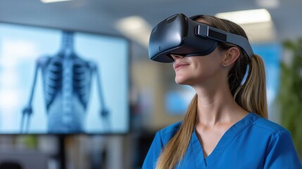 A healthcare professional wears a virtual reality headset, immersed in a medical training environment with a skeleton image displayed behind.