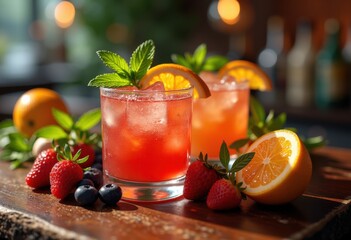 vibrant colorful cocktail garnishes wood bar textures fresh berries citrus zest decorative herbs mixology artistry, fruit, alcohol, glass, sip, berry, mint