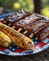 Fourth of July BBQ concept with patriotic grill party. Grilled ribs and corn on a patriotic plate outdoors