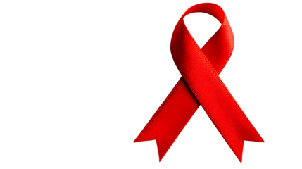 Red awareness ribbon on black background signifies solidarity, cut out transparent