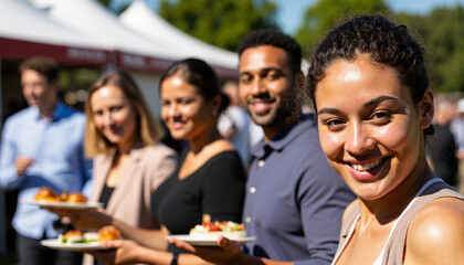 Group of friends enjoying food at outdoor festival  
