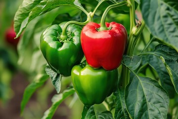 Red and green bell peppers growing on plants in a garden  