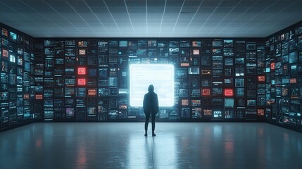 Futuristic digital technology interface with illuminated data visualization screens abstract cyberspace and simulated network connection concept modern intelligence and analytics dashboard