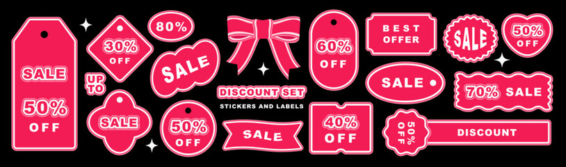 set of discount labels and stickers with red colour, offers, shopping, season sale, discount, promotion, web, red  bow, vector illustration 
