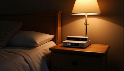 Nightstand with lamp and alarm clock in cozy bedroom setting -  