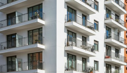 Modern apartment building features multiple balconies and glass windows in sunny urban area showcasing contemporary design.