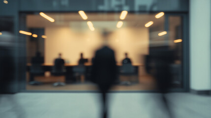 Obraz premium Blurred Business Meeting: A blurred image captures a business meeting in progress through the glass windows of a modern office, emphasizing teamwork and collaboration