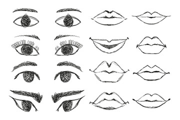 Set of Eyes and Mouths with Lips with Chaotic Lines isolated on White Background. Hand Drawn Scribble Shapes