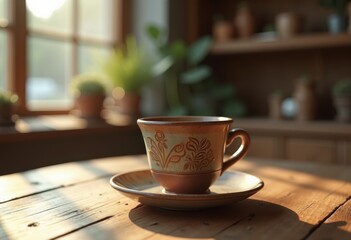 Fototapeta premium beautiful handcrafted ceramic coffee cup rustic wooden table close artisanal texture warmth organic design, textile, vintage, home, interior, coffeehouse, tea