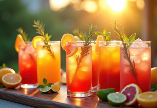 vibrant colorful cocktails garnished fresh herbs citrus fruit garnishes refreshing summer drinks, slice, lime, lemon, orange, refreshment, beverage