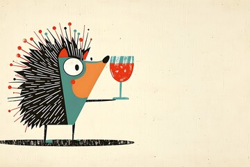 Stylish Hedgehog Enjoying a Glass of Red Wine A Quirky Illustration.