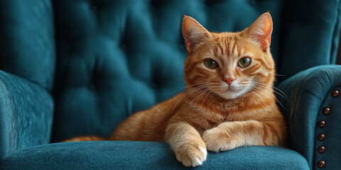 Cute ginger cat lying on blue vintage armchair, close-up