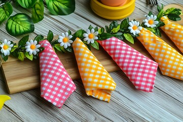 Obraz premium Festive Table Setting Checkered Napkins with Daisy Decor.