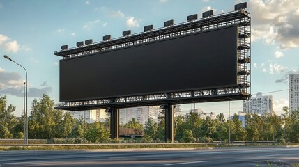 Empty Billboard on Highway Surrounded by Lush Greenery and Cityscape